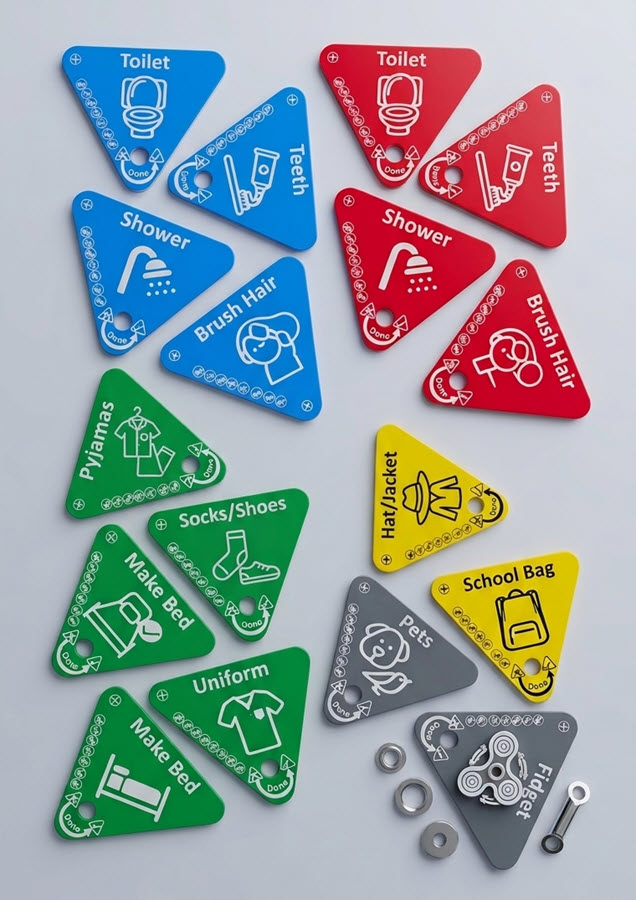 NeuroHERO Flip Tags fanned on lanyard showing colourful triangle routine tags